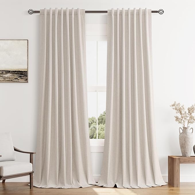 Guken 100% Blackout Curtains 96 Inch Length 2 Panels Set for Living Room Bedroom Back Tab Thermal Insulated Black Out Linen Drapes Room Darkening Window Curtains 96 Inches Long,Sand Beige