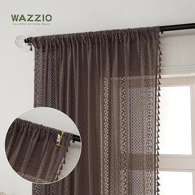 WAZZIO Boho Lace Curtains 63 Inches 2 Panel,Light Filtering Privacy Tassel & Geometry Crochet Semi Sheer Curtain Drapes for Bedroom Living Dining Room,Rod Pocket & Tassel,Chocolate Brown
