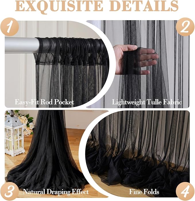 10ft x 15ft Black Tulle Backdrop Curtain for Parties Sheer Fabric Backdrop Curtains for Birthday Party Baby Shower Graduation Back Drop Wedding Photo Backdrop Drapes Background 2 Panels 5ft x 15ft