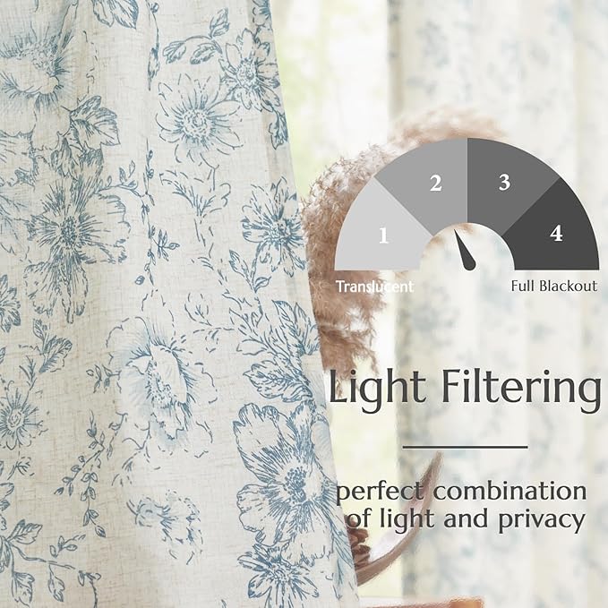 jinchan Linen Blend Curtain Floral Curtains for Living Room 84 Inch Length Blue Printed Curtain Rod Pocket Back Tab Farmhouse Peony Flower Patterned Drapes Bedroom Window Curtains Set 2 Panels
