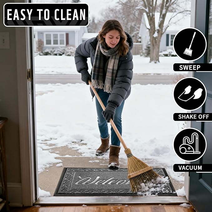 Yimobra Welcome Mat, Heavy Duty Sturdy Door Mats for Home Entrance Outdoor Indoor, Front Doormat for Outside Patio Floor Entry Porch Garage Office, Waterproof, Low Profile, 47X32 Inches, Black Grey