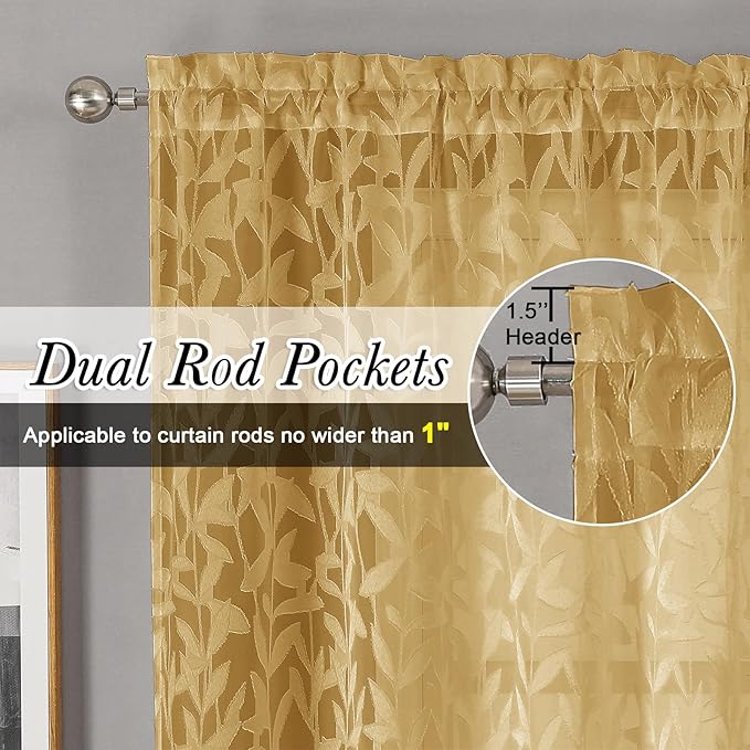 Lecloud Leia Dark Gold Sheer Curtains 72 Inches Long 2 Panels, Airy & Breathable Voile Leaf Textured Bedroom Living Room Curtains, Dual Rod Pockets Jacquard Gauzy Window Drapes, 40 W x 72 L