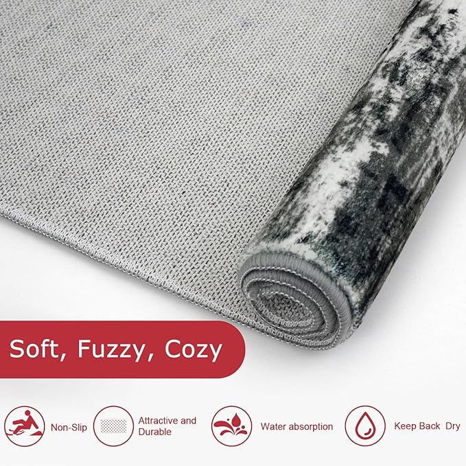 KOZYFLY Modern Abstract Hallway Runner Rug, 2.6x8 Washable Rug Runner Non-Slip Soft Striped Kitchen Runner Rugs, Print Black Grey Carpet Runner for Entryway Bathroom Laundry Room Foyer