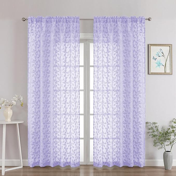 Chyhomenyc Light Purple Sheer Curtains 84 Inch Length 2 Panels Set, Light Filtering Tufted Textured Soft Airy Rod Pocket Gentle Leaf Window Treatment Drapes for Bedroom Living Room, 52" Wx84 L, 2PCS