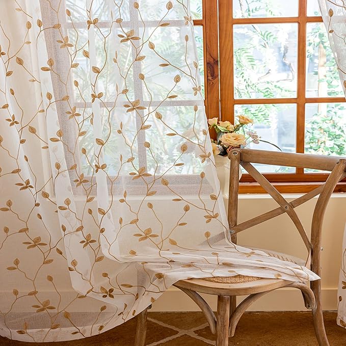 AmHoo 2 Panels Embroidered Leaf Pattern Semi Sheer Curtains Foliage Floral Voile Window Draperies Treatment for Bedroom Living Room Rod Pocket White Taupe 53 x 63 Inch