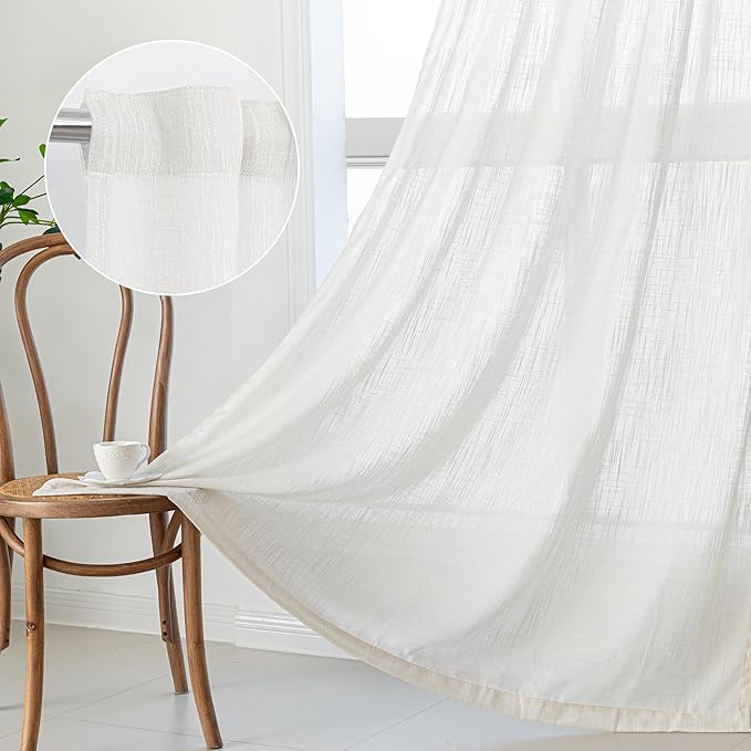 MYSKY HOME Natural Curtains 84 Inches Long, Semi Sheer Light Filtering Soft Window Drapes for Living Room Back Tab Elegant Farmhouse Country Bedroom Curtains, Beige White, 50" x 84", Pack-2