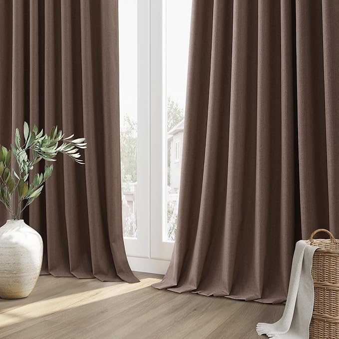 Guken 100% Blackout Curtains 108 Inch Length 2 Panels Set for Living Room Bedroom Back Tab Thermal Insulated Black Out Linen Drapes Room Darkening Mocha Mousse,52x108