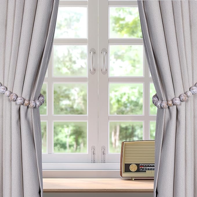 Wood Bead Curtain Tiebacks, KLOGTSIND Set of 4 Curtain Holdbacks for Thin or Thick Window Draperies, Boho Farmhouse Curtain Tiebacks with Hooks, Curtain Tie Backs for Home Office Room Decor