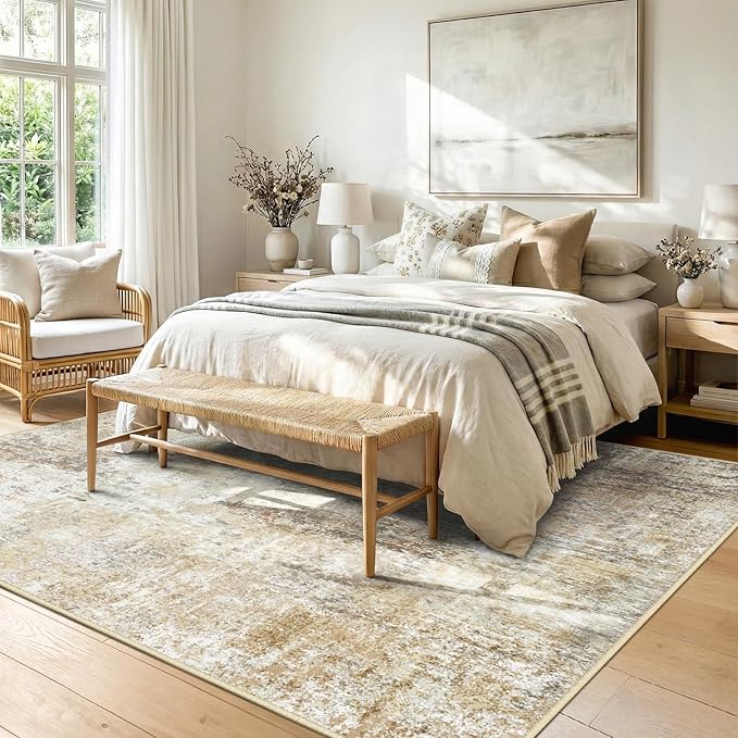 Washable Area Rugs 9'x12' Non-Slip Modern Abstract Soft for Living Room Entryway Bedroom Nursery, Print Pattern, Neutral Brown Gray