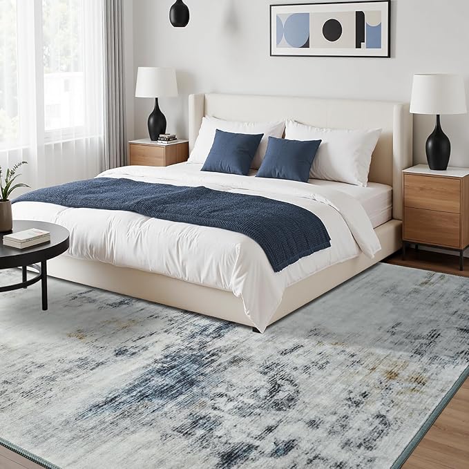 Toneed Abstract Area Rug 6x9 Modern Washable Rug Soft Non Slip Rug Low Pile for Bedroom Living Room Dining Room Blue/White
