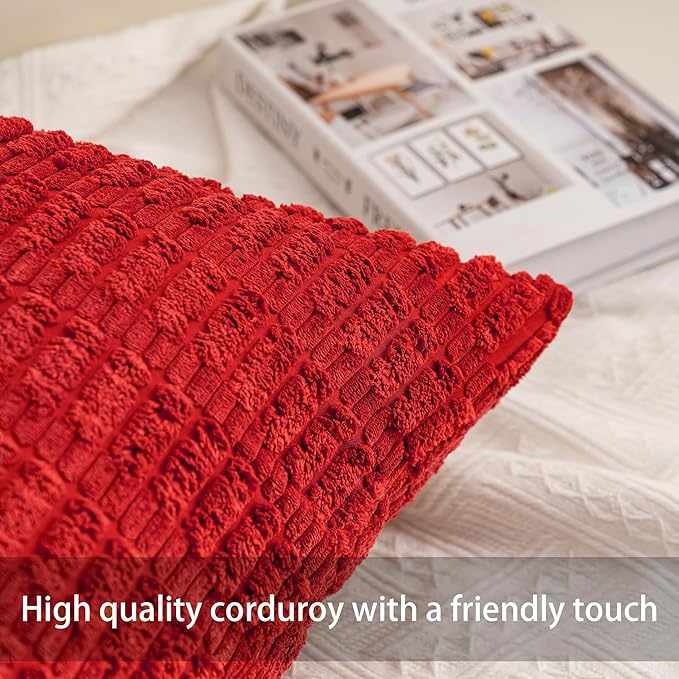 Pack of 2 Christmas Red Corduroy Decorative Throw Pillow Covers 16x16 Inch Soft Striped Pillow Covers Modern Farmhouse Home Decor for Sofa Living Room Couch Bed（Red）