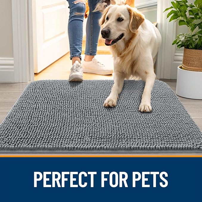 OLANLY Dog Door Mat for Muddy Paws 45x27, Absorbs Moisture and Dirt, Absorbent Non-Slip Washable Doormat, Quick Dry Chenille Mud Mat for Dogs, Entry Indoor Entryway Carpet for Inside Floor, Grey