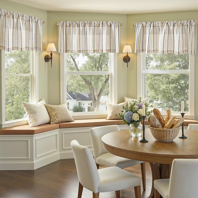 jinchan Valance Curtain Linen Textured Striped Window Curtain for Living Room Light Filtering Farmhouse Valance for Kitchen Rod Pocket 1 Panel 16 Inch Multi Blue on Linen 1 Panel