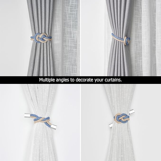 NICEEC 2 Pack Mini Magnetic Curtain Tiebacks Nordic Simple Style Drape Tie Backs Elegant Hand Weave Rope Knot Decorative Curtain Holdbacks for Home & Office Thin Window Drapery (Blue & Beige)