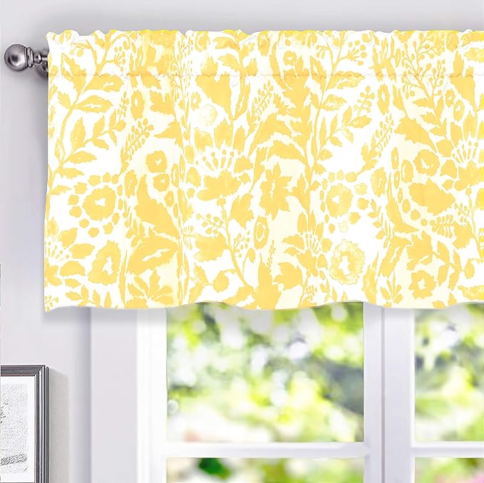 DriftAway Julia Watercolor Blooming Flower Floral Lined Thermal Insulated Window Curtain Valance Rod Pocket 52 Inch by 18 Inch Plus 2 Inch Header Yellow 1 Pack