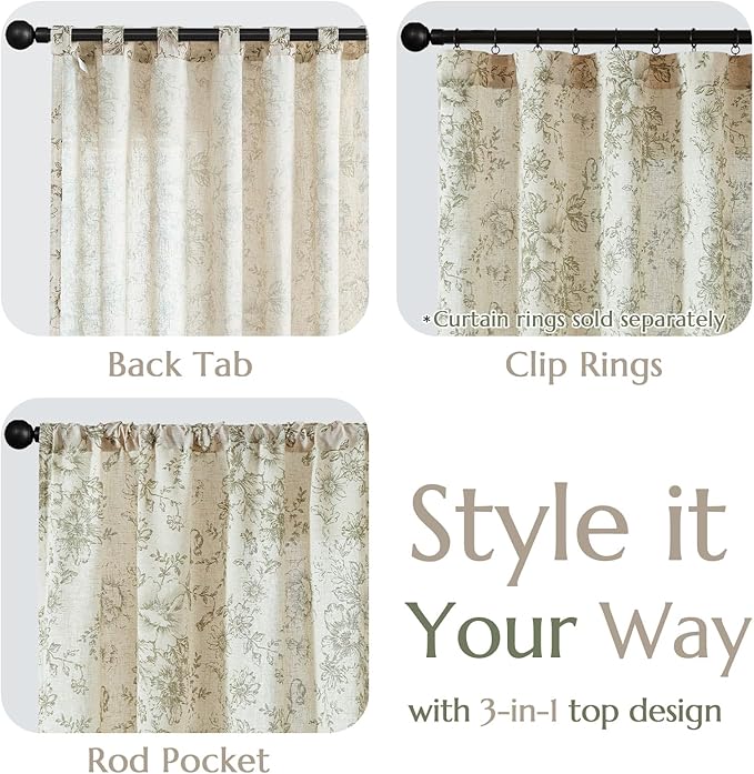 jinchan Linen Blend Floral Curtains for Living Room 96 Inch Length Farmhouse Printed Curtain Rod Pocket Back Tab Sage Green Peony Flower Patterned Drapes Bedroom Curtains Set 2 Panels