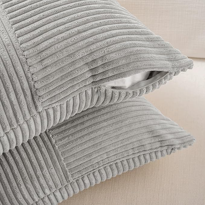 Fancy Homi 2 Packs Grey Lumbar Decorative Throw Pillow Covers 16x32 Inch for Living Room Couch Bed Sofa, Rustic Farmhouse Boho Home Decor, Soft Striped Corduroy Rectangle Accent Cushion Case 40x80 cm