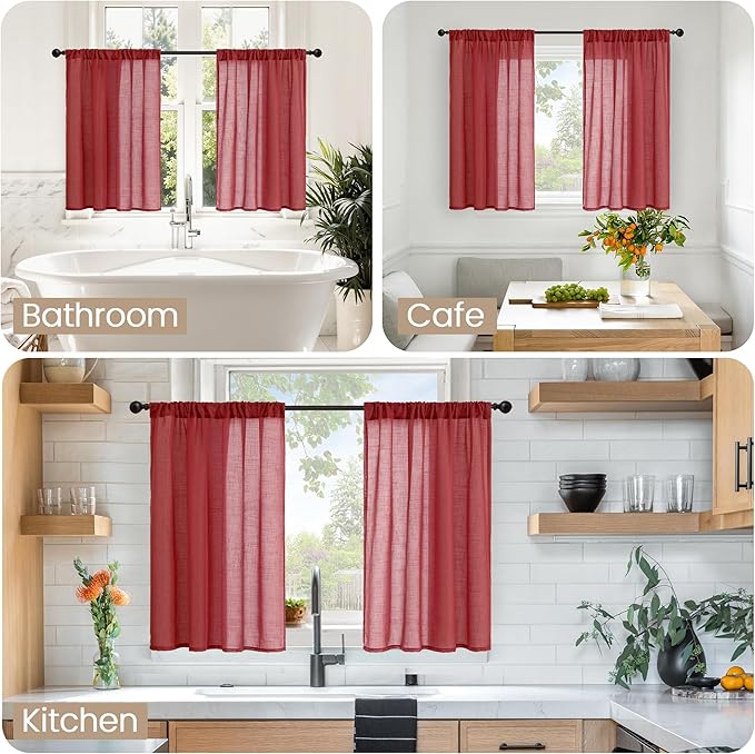 BGment Burgundy Linen Kitchen Curtains for Window Over Sink, Short Semi Sheer Drapes for Bathroom Cafe Over Sink with Rod Pocket Lightweight, 2 Panels Set, Each 30 Inch Wide