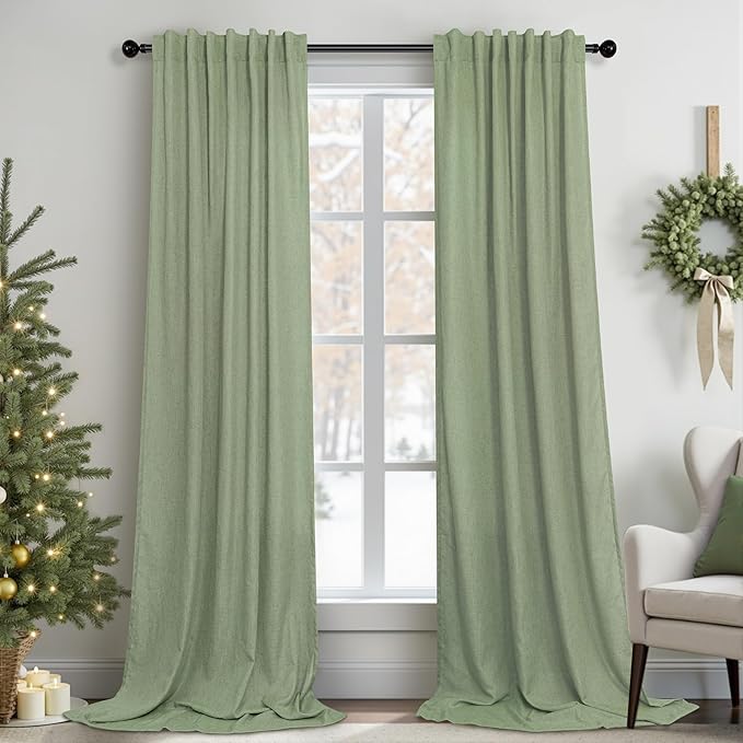 Sage Green Curtains 38 Inch Wide for Bedroom 2 Panels Back Tab Rod Pocket Semi Sheer Privacy Cotton Textured Light Filter Light Green Linen Curtains for Living Room Neutral Decor Width 38 x 96 Long