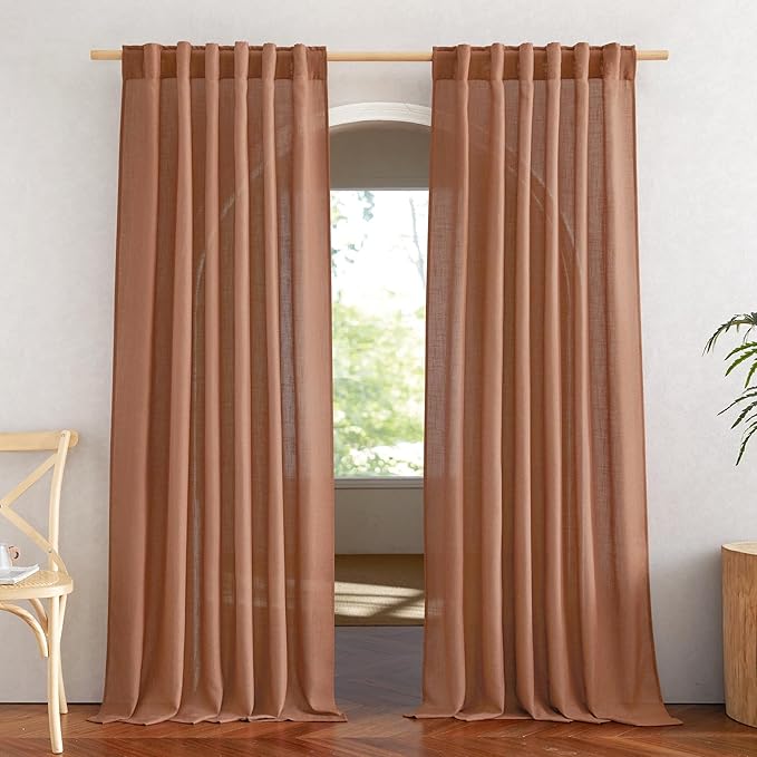 NICETOWN Linen Caramel Curtains & Drapes Privacy with Light Filtering, Rod Pocket & Back Tab Flax Linen Burlap Window Treatments Vertical Drapes for Bedroom/Living Room, W52 x L84, 2 Panels