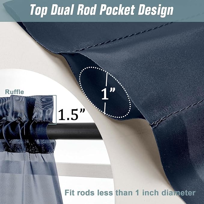 Navy Blue Sheer Curtains for Window 72 inches Long 2 Panels Set, Soft Airy Modern Light Filtering Sheer Curtains for Living Room Bedroom, Dual Rod Pocket Solid Window Drapes, 2x42Wx72L inches
