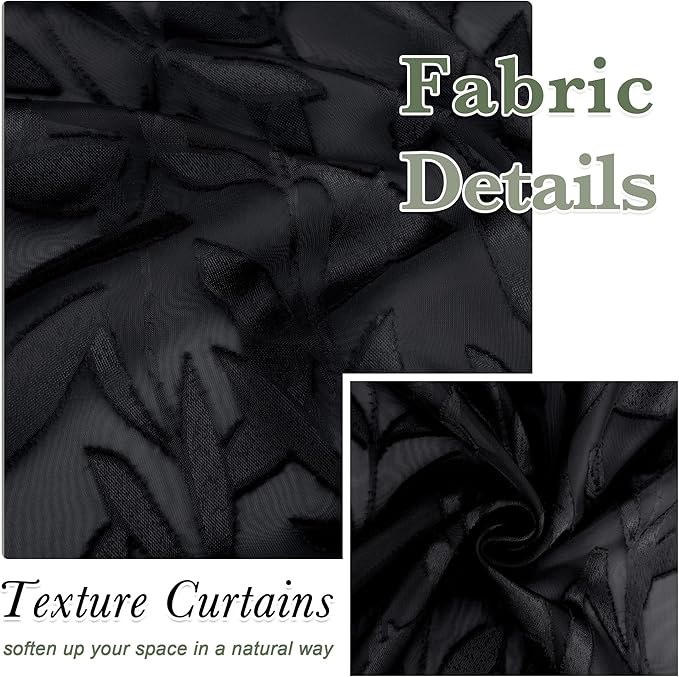 Lecloud Leia Clip Textured Leaf Black Sheer Curtains 63 Inch Length 2 Panels, Light Filtering Jacquard Voile Curtain with Dual Rod Pockets, Kitchen/Living Room/Bedroom Window Drapes, 38x63 Inches
