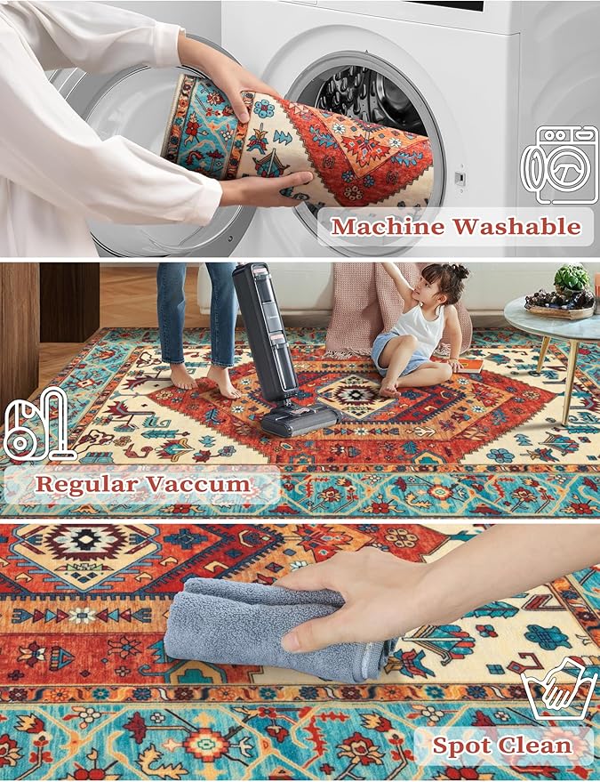 SERISSA Boho Washable Runner Rug, 2'6"x8' Rug Runner Non-Slip Vintage Orange Hallway Kitchen Runner Rug Ultra Soft Print Distressed Tribal Floor Carpet Runner for Bedroom Bathroom Laundry Room