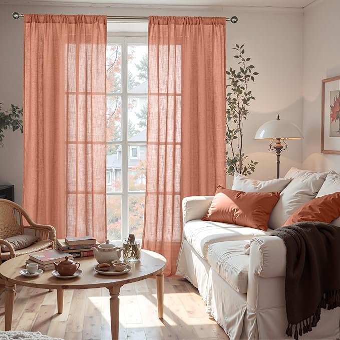 BGment Linen Semi Sheer 80 Inch Curtains for Living Room Windows, Terracotta Light Filtering Drapes with Rod Pocket for Bedroom Dining Burnt Orange Lightweight, 2 Panels Set, Each 52 Inch Wide