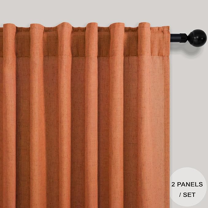 Burnt Orange Curtains 120 Inches Long for Living Room 2 Panel Set Back Tab Pocket Draperies Soft Linen Lightweight Light Filtering Semi Sheer Red Dark Orange Curtain for Dining Room Sliding Door 10 FT