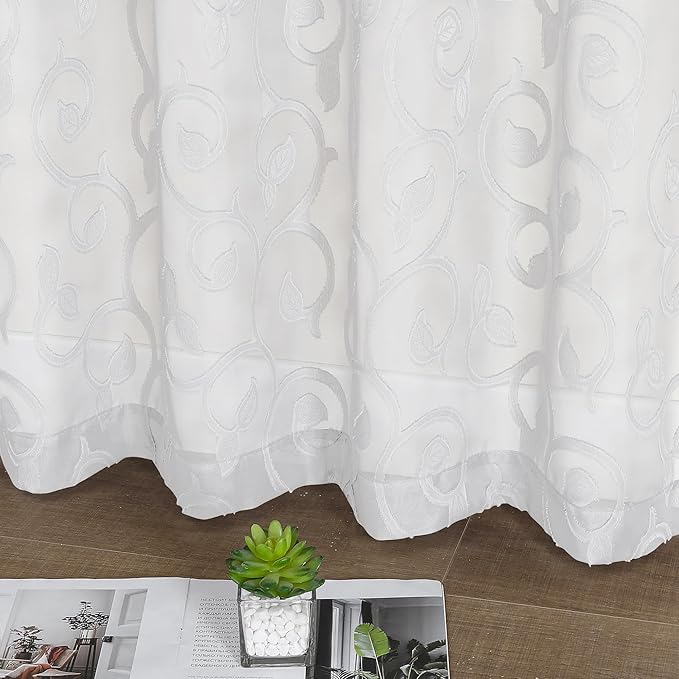 OWENIE Furman Sheer White Curtains 84 inches Long for Bedroom Living Room 2 Panels Set, White Curtains Jacquard Clip Light Filtering Semi Sheer Curtain Rod Pocket Window Drapes, Each 52Wx84L inch