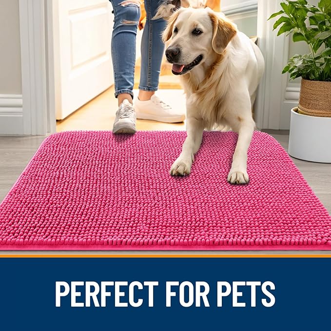 OLANLY Dog Door Mat for Muddy Paws 44x24, Absorbs Moisture and Dirt, Absorbent Non-Slip Washable Doormat, Quick Dry Chenille Mud Mat for Dogs, Entry Indoor Entryway Carpet for Inside Floor, Hot Pink