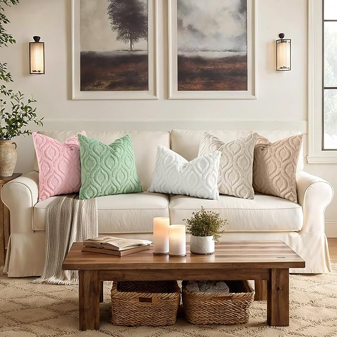 decorUhome Throw Pillow Covers 12x20 Inch Set of 2, Soft Plush Faux Wool Pink Solid Couch Pillow Covers, Accent Farmhouse Neutral Rectangle Pillow Cases for Sofa Bed Living Room