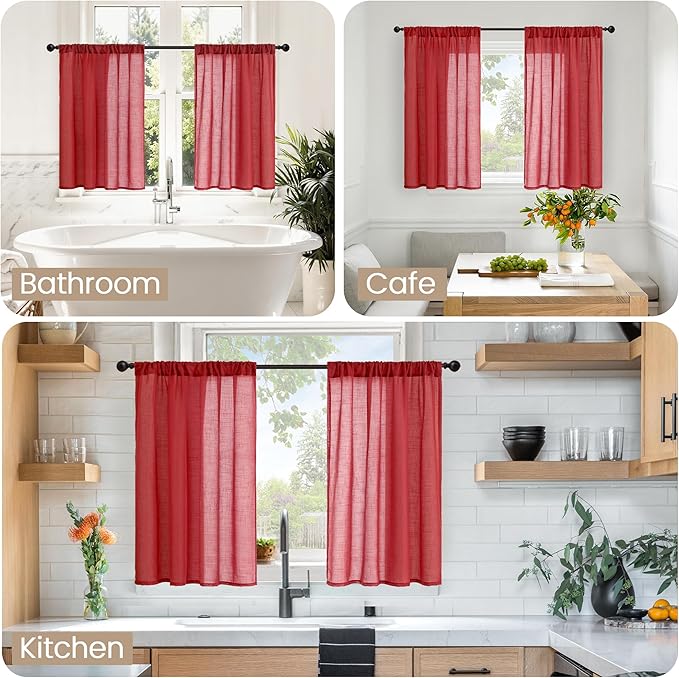 BGment Red Linen Kitchen Curtains Window Over Sink, Short Semi Sheer Drapes with Rod Pocket Lightweight for Cafe Bathroom Windows, 2 Panels Set, Each 30 Inch Wide