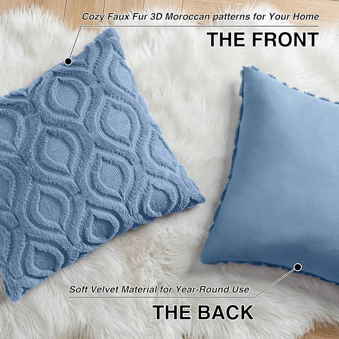 decorUhome Throw Pillow Covers 22x22 Inch Set of 2, Soft Plush Faux Wool Blue Solid Couch Pillow Covers, Accent Euro Sham Farmhouse Neutral Square Pillow Cases for Sofa Bed Living Room