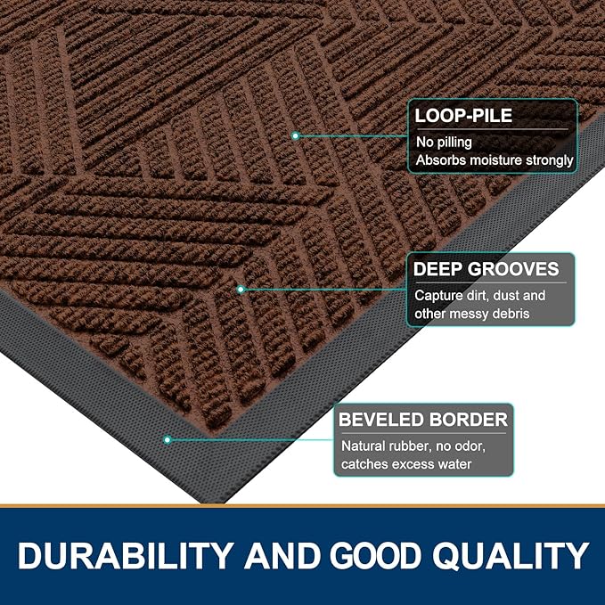 Smiry Front Door Mat Outside Entrance, Heavy Duty Sturdy Natural Rubber Doormat, Trap Dirt and Moisture, Easy Clean Low Profile Mats for Indoor Outdoor Entry, Irregular Triangle (29.5x17, Deep Coffee)