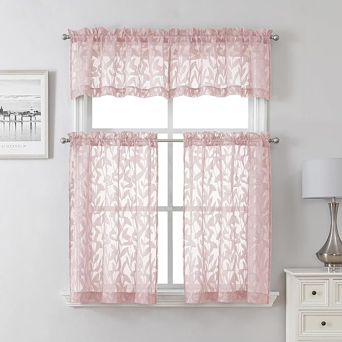 Lecloud Leia 24 Inch Valance Pink Sheer Curtains Tiers for Kitchen 2 Pieces, Clip Textured Leaf Voile Blush Curtain Valances for Windows, Dual Rod Pocket Living Room Bedroom Short Drapes, 38x24 Inches