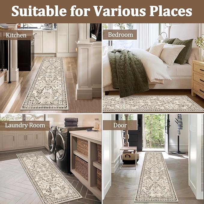 Yamaziot Washable Runner Rug 2x12 – Floral Non Slip Boho Hallway Runner Rug with Rubber Backing, Low Pile Faux Wool Distressed Carpet for Kitchen, Laundry, Bedroom, Entrance, Brown