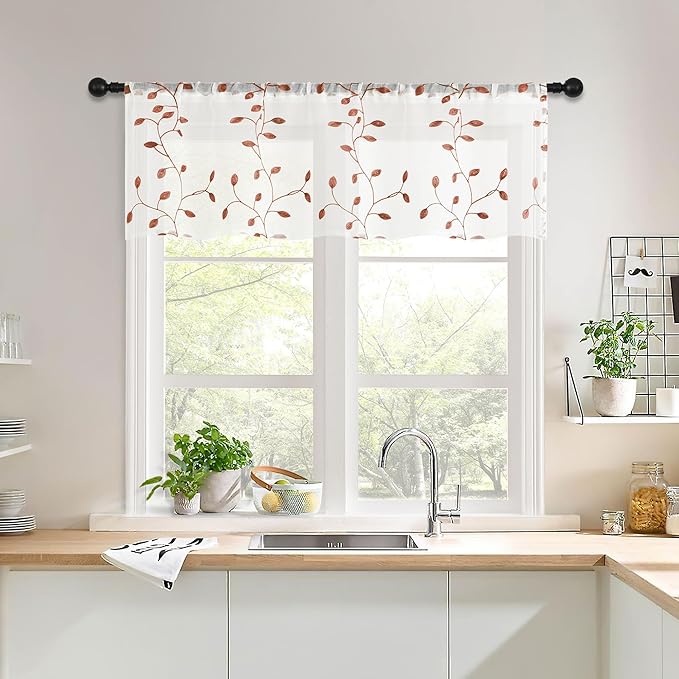 MRTREES Sheer Christmas Curtain Valance, Autumn Leaves Embroidered Valances Curtains Rod Pocket, 54x16 Inches Short Window Treatment for Living Room Kitchen Festival Decor(1 Panel, Terracotta Leaves)