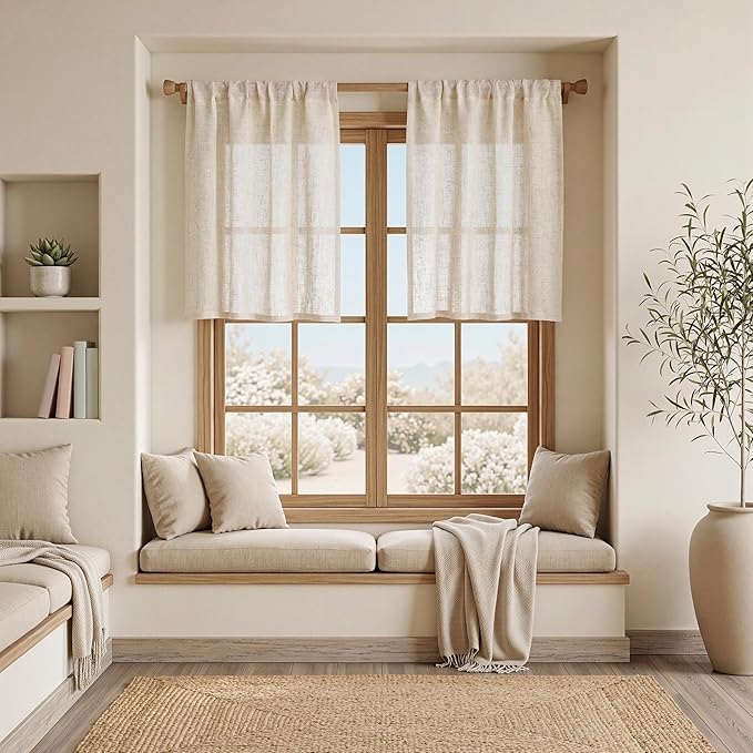 MYSKY HOME Linen Curtains 30 Inch Length for Kitchen Window, Semi Sheer Light Filtering Cafe Curtain Tiers Rod Pocket Short Country Decor Drapes for Basement/Small Window, Linen, 2 Panels, 34 x 30 in