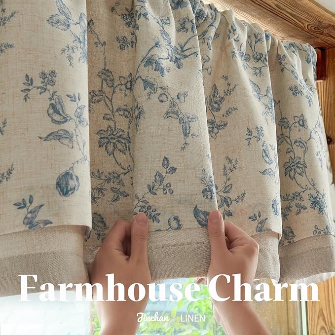 jinchan Amlie Floral Linen Valance Curtain Farmhouse Kitchen Valance for Living Room Laundry Light Filtering Double Layer Cottagecore Window Treatment Rod Pocket 1 Panel 16 Inch Blue on Linen