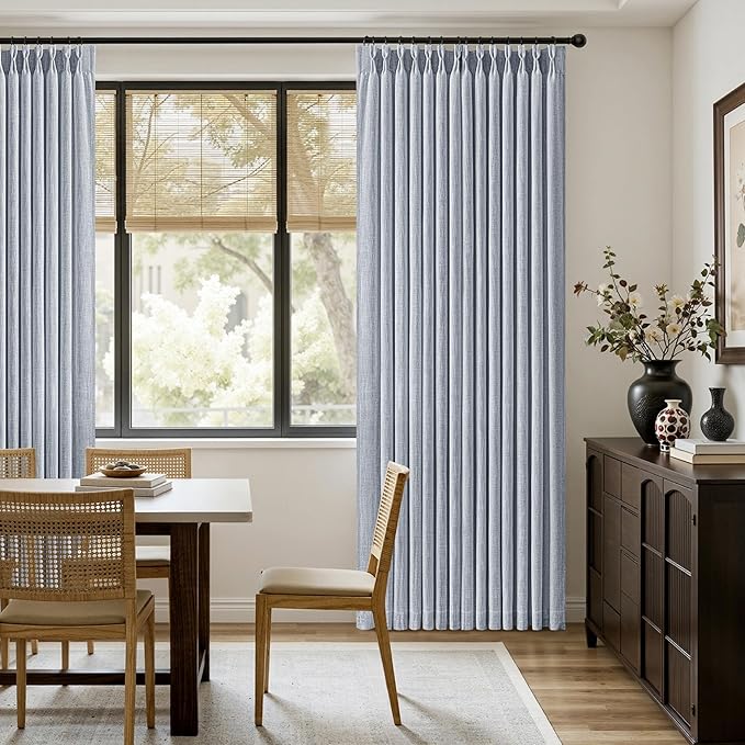 MIULEE Pinch Pleated Thick Linen Curtains 90 Inches Long 2 Panels for Living Room Bedroom, Linen Textured Memory Trained Pleat Drapes Back Tab Light Filtering Light Blue Window Curtains with Hooks