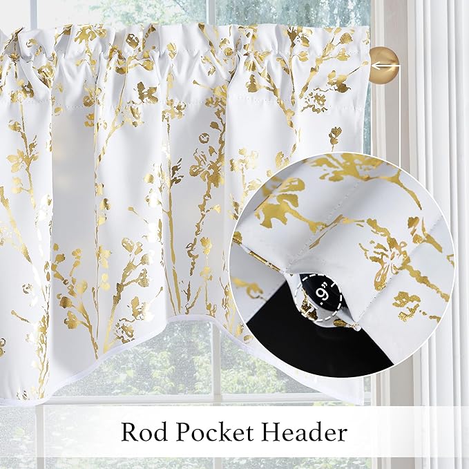 NICETOWN White Blackout Floral Kitchen Valances for Windows, Gold Foil Flower Shadow Printed Scalloped Drapes 18 Inch Length with Rod Pocket for Bathroom, W42×L18, 1 Panel