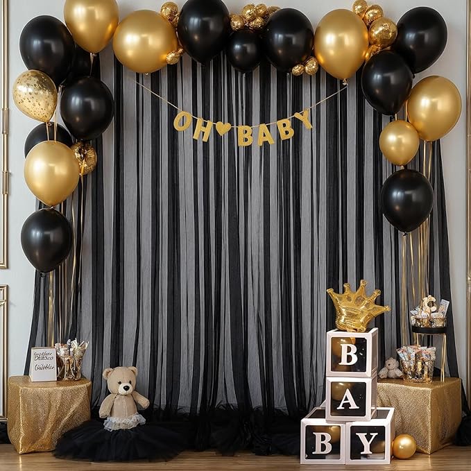 10ft x 15ft Black Tulle Backdrop Curtain for Parties Sheer Fabric Backdrop Curtains for Birthday Party Baby Shower Graduation Back Drop Wedding Photo Backdrop Drapes Background 2 Panels 5ft x 15ft