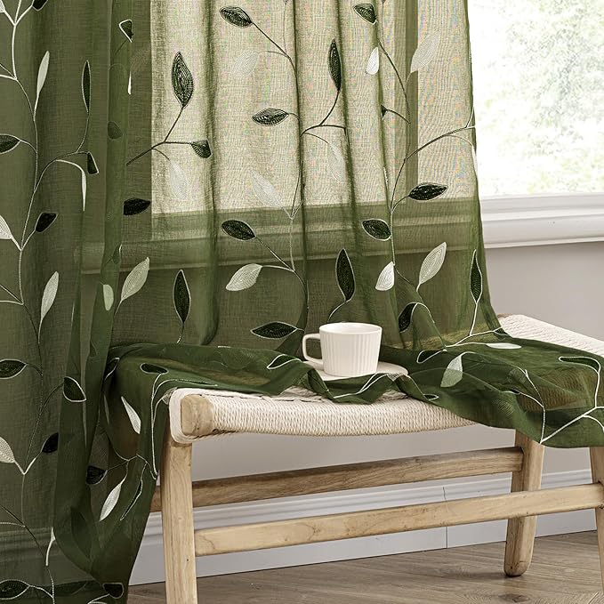 MIULEE Olive Green Sheer Curtains 2 Panels Embroidered Leaf Patterned Rod Pocket Floral Semi Faux Linen Window Curtains Drapes Set for Living Room Bedroom Dining Room, 52x63 Inches Long
