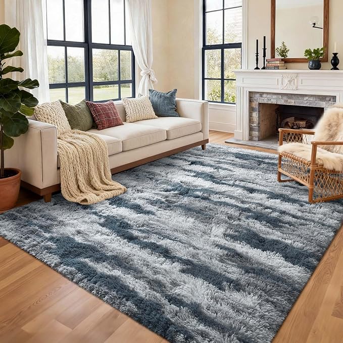 5x7 Ft Large Shag Rugs for Bedroom Living Room for Men Boys, Tie Dyed Ultra Soft Fluffy Furry Area Rug for Indoor Floor, Aesthetic Carpet for Home Decor (Blue)