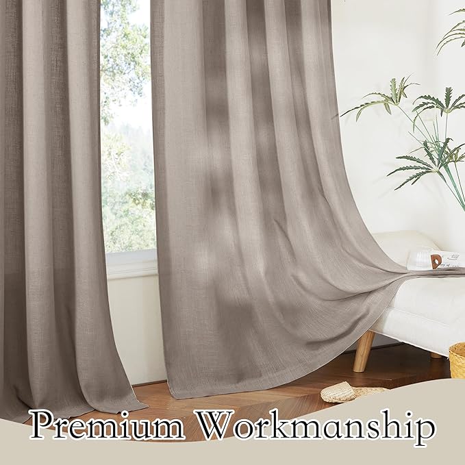 RYB HOME Extra Long Sheer Curtains - Linen Textured Privacy Semi Shears for Sliding Glass Door Hotel High Ceiling Window Living Room, Birch Brown, W 52 x L 108 inches Long, 1 Pair