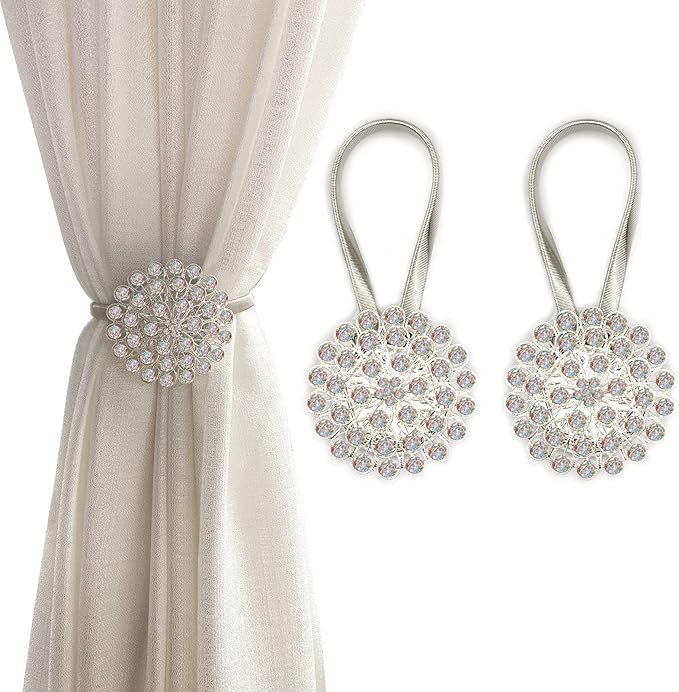 Magnetic Tiebacks for Curtains, 2 Pack Sparkling Crystal Flower Curtain Tiebacks Curtain Buckle Clips with High-Elastic Spring Wire for Home Office Decoration (Colorful)