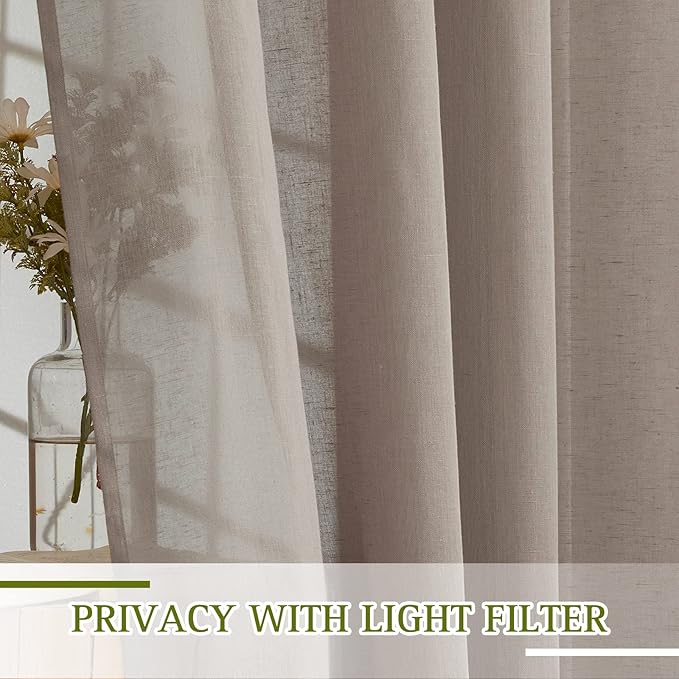 NICETOWN Semi Sheer Linen Curtains 45 inch Long for Small Window, (Burlap) Grommet Linen Sheer Curtains Privacy with Light Filtering Drapes for Cafe/Kitchen, 2 Panels, W52 x L45