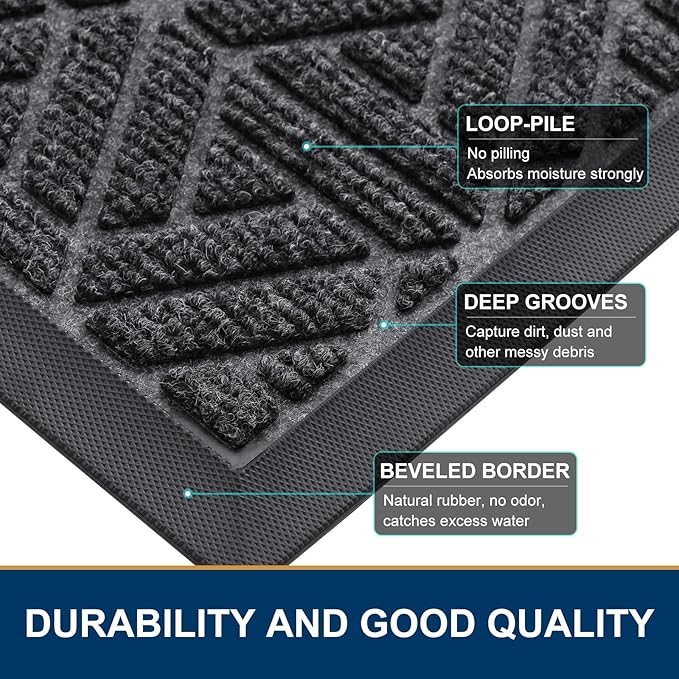 Smiry Front Door Mat Outside Entrance, Heavy Duty Sturdy Natural Rubber Doormat, Trap Dirt and Moisture, Easy Clean Low Profile Mats for Indoor Outdoor Entry, Grid Geometric (47x32, Grey)