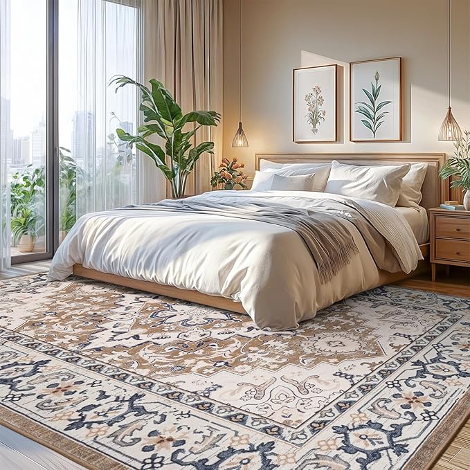 Lofus 9x12 Area Rugs for Living Room, Washable Area Rug, Rugs for Bedroom, Kitchen, Vintage Boho Carpet, Soft Non-Slip, Low Pile Large Area Rug for Office Dining Room, Floral Brown